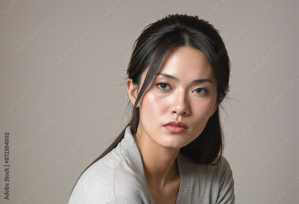 Portrait of an apprehensive Japanese woman in her 30s, recollecting her vacation home with a heart full of unrest and malfunctions Portrait of an apprehensive Japanese woman in her 30s, recollecting her vacation home with a heart full of unrest and malfunctions