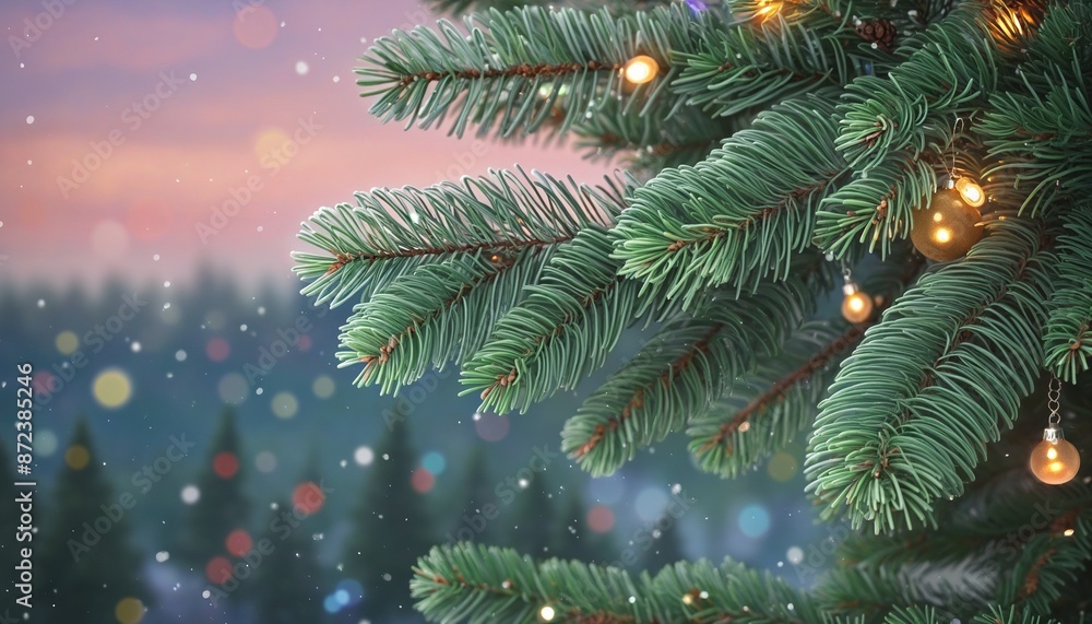 Festive pine tree branch adorned with twinkling lights for a winter holiday card Festive pine tree branch adorned with twinkling lights for a winter holiday card