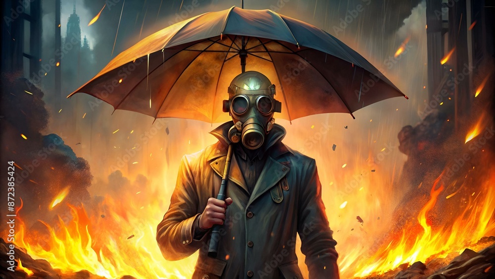 gas mask man holding burning umbrella on fire background,illustration painting gas mask man holding burning umbrella on fire background,illustration painting