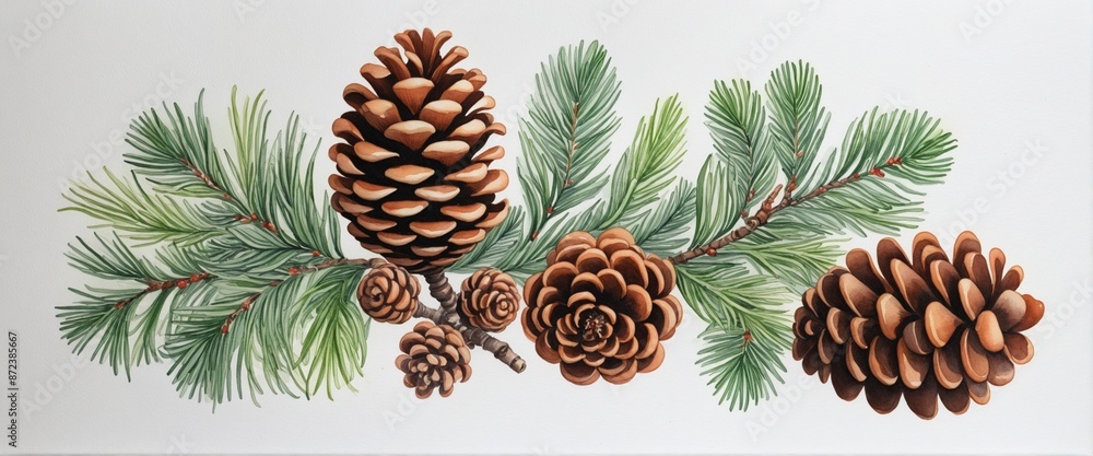 Fototapeta premium Watercolor illustration of a pine cone on a textured white background, perfect for Christmas decoration