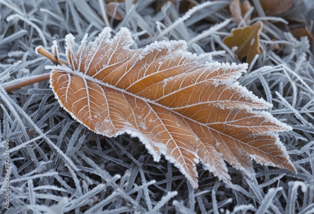 Close-up shot of a frozen leaf covered in delicate hoarfrost glistening in the morning sunlight, creating a beautiful winter landscape Close-up shot of a frozen leaf covered in delicate hoarfrost glistening in the morning sunlight, creating a beautiful winter landscape