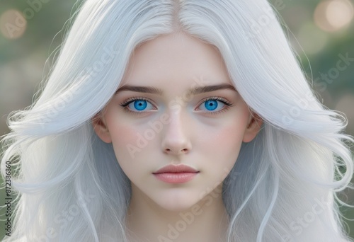 Pastel Portrait of a Serene Girl with White Hair and Blue Eyes