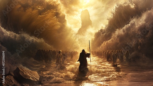 Moses striking the rock at Horeb with his staff, causing water to miraculously gush forth. Astonished Israelites rush to collect the water, while Moses stands resolute, his faith and leadership eviden