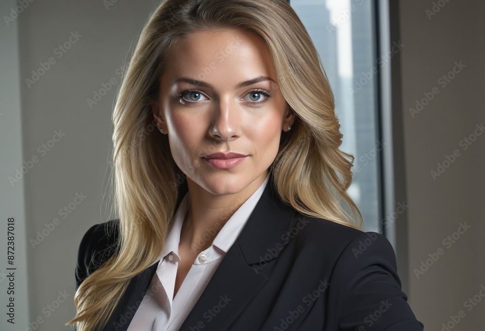 Visionary young female business professional in a corporate setting, exuding confidence and optimism while considering future investments Visionary young female business professional in a corporate setting, exuding confidence and optimism while considering future investments