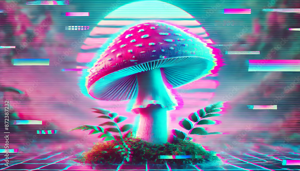 Vaporwave Psychedelic Mushroom in Neon Glitch Art 4k Wallpaper. A ...