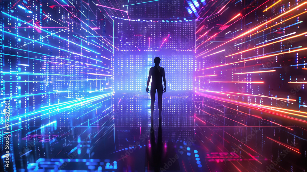 A solitary figure stands amidst a dynamic tunnel of vibrant neon lights and digitized patterns reflecting off the glossy floor, evoking a futuristic ambiance. A solitary figure stands amidst a dynamic tunnel of vibrant neon lights and digitized patterns reflecting off the glossy floor, evoking a futuristic ambiance.
