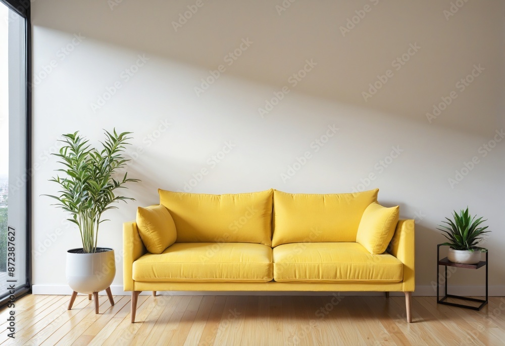Stylish and modern Scandinavian-inspired interior design featuring a cozy yellow sofa, wooden table, and plant in a bright and airy living room setting Stylish and modern Scandinavian-inspired interior design featuring a cozy yellow sofa, wooden table, and plant in a bright and airy living room setting