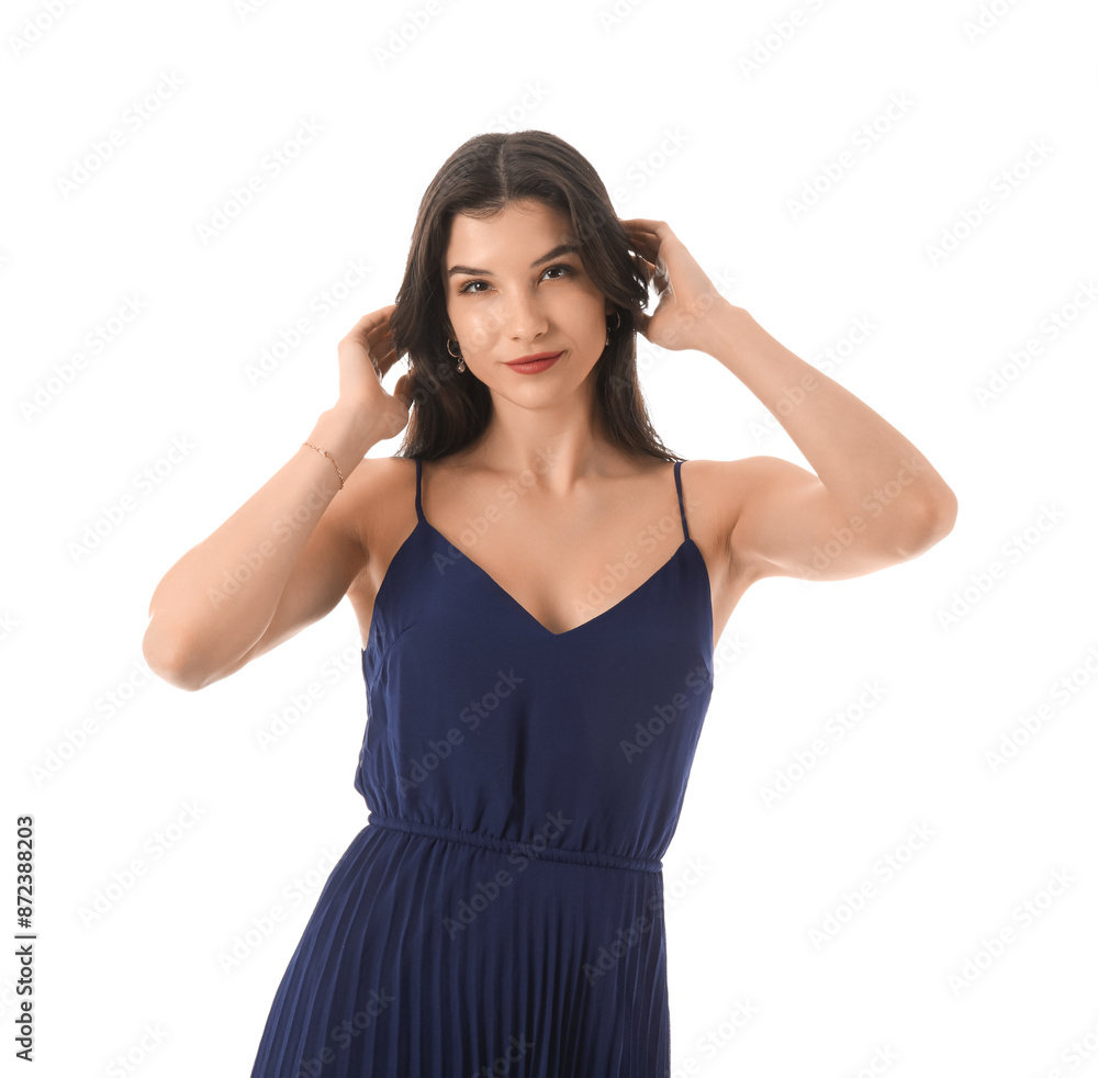Beautiful young woman in stylish dark blue dress on white background Beautiful young woman in stylish dark blue dress on white background