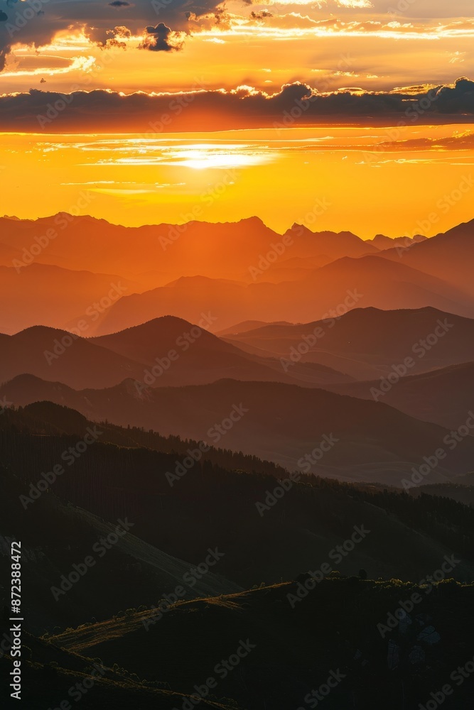 Fototapeta premium Along the Blue Ridge Parkway, a stunning sunset over the Blue Ridge Mountains can be seen