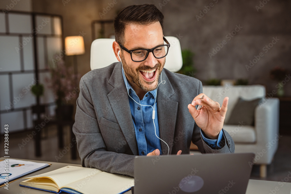 man with earphones have video consultation work from home man with earphones have video consultation work from home