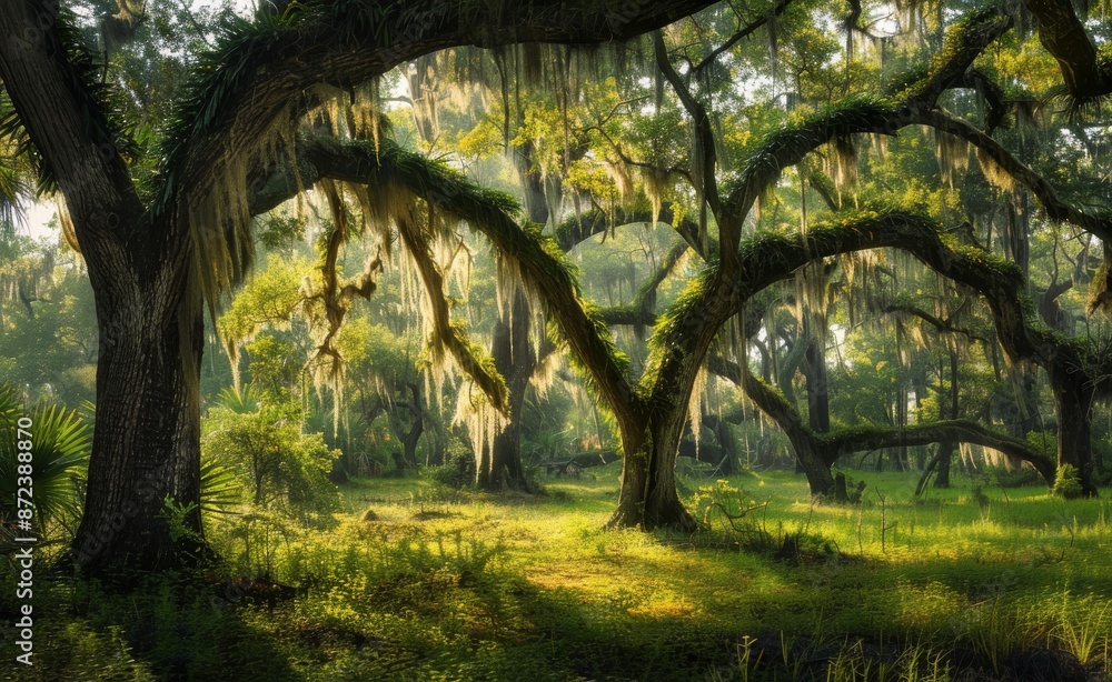 Naklejka premium Spanish moss draped over a massive Live oak tree in South Carolina's low country