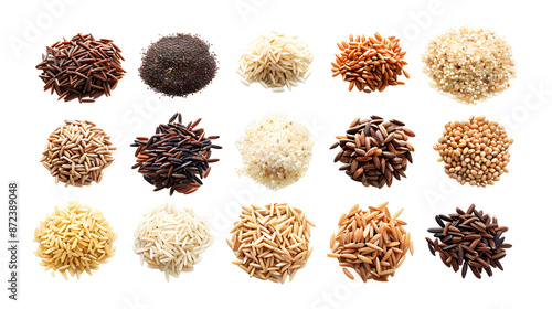 Collection of dry organic macro rice seed isolated on white background 