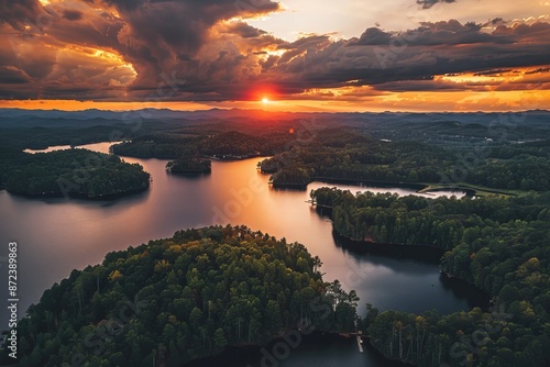 An early morning sunrise above Lake Jocassee in South Carolina at Jumping Off Rock.