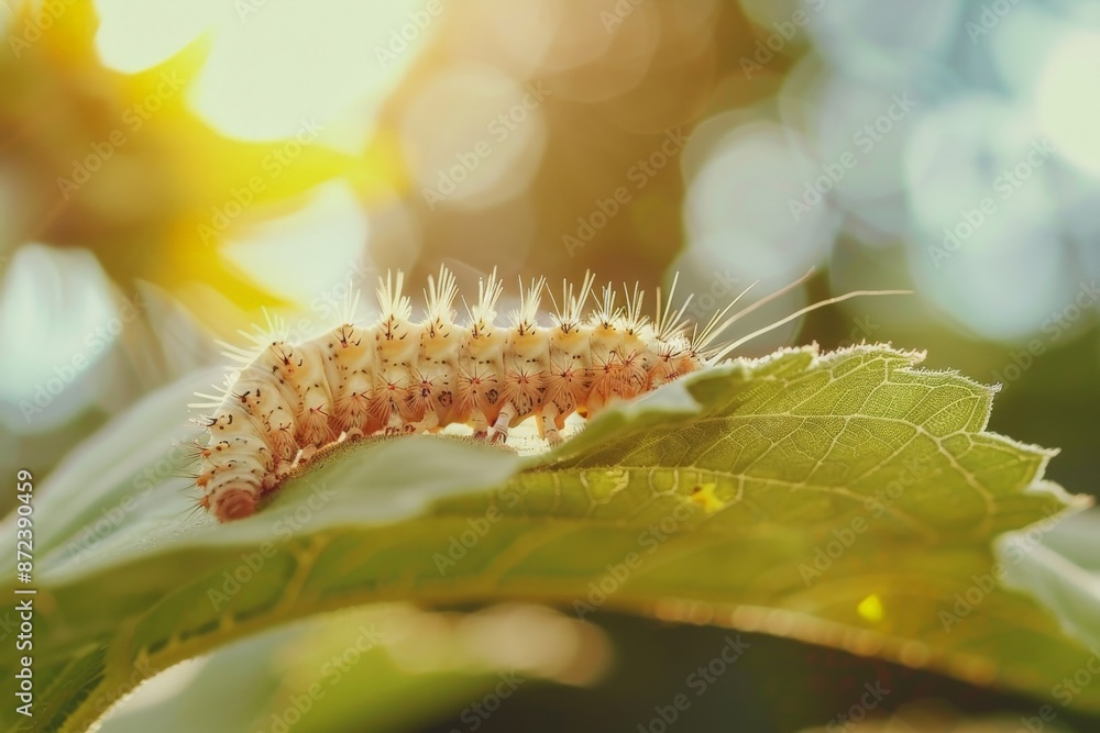 Naklejka premium Caterpillar crawling on green leaf in summer garden
