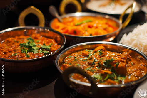 Bowls of indian food on dark table