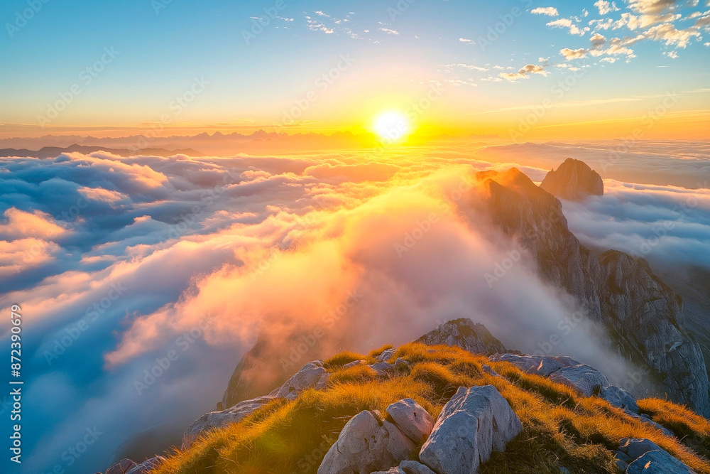 Breathtaking Views From Alpine Peak at Stunning Sunrise. Peaks Above Clouds. Breathtaking Views From Alpine Peak at Stunning Sunrise. Peaks Above Clouds.
