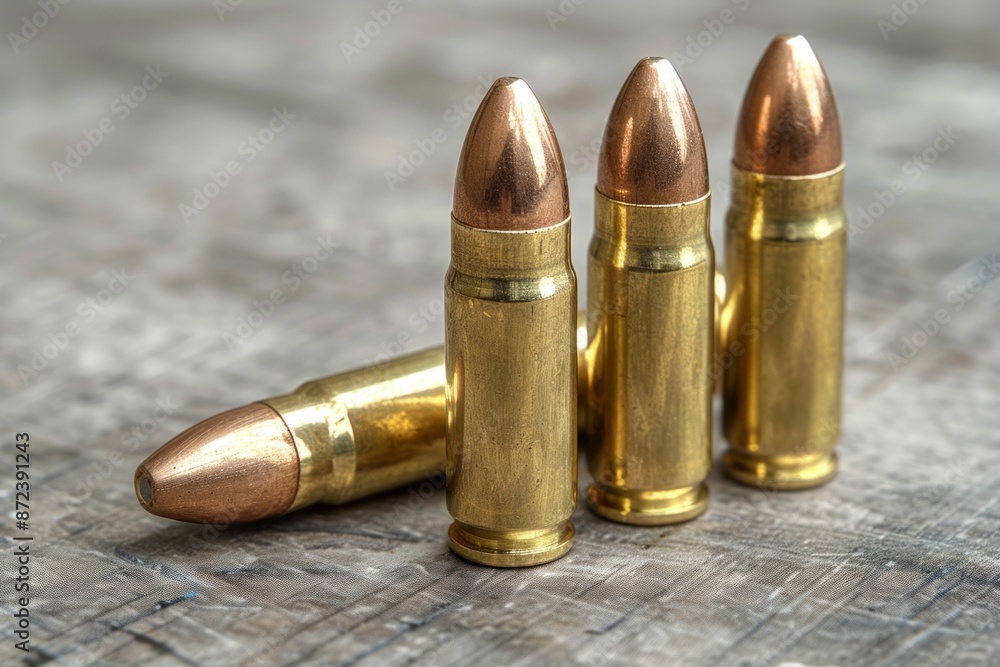 Close-up of three spent bullet shells resting on a wooden table, each casing reflecting light in a unique way. Close-up of three spent bullet shells resting on a wooden table, each casing reflecting light in a unique way.