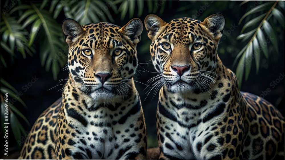 Fototapeta premium Two jaguars standing together, looking directly at the camera
