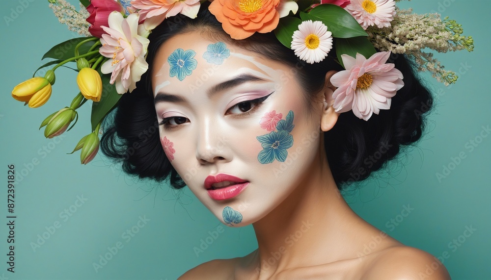 Portrait of Asian young woman with flowers on face Portrait of Asian young woman with flowers on face