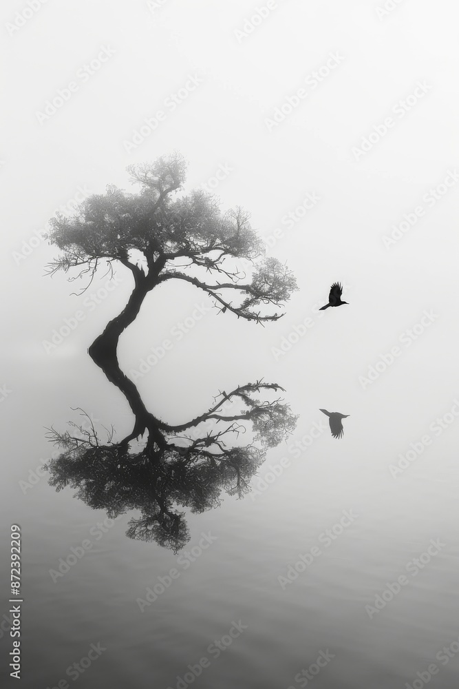Bird flying over foggy water. Bare tree branch in foreground. Mirror effect in water. Bird flying over foggy water. Bare tree branch in foreground. Mirror effect in water.