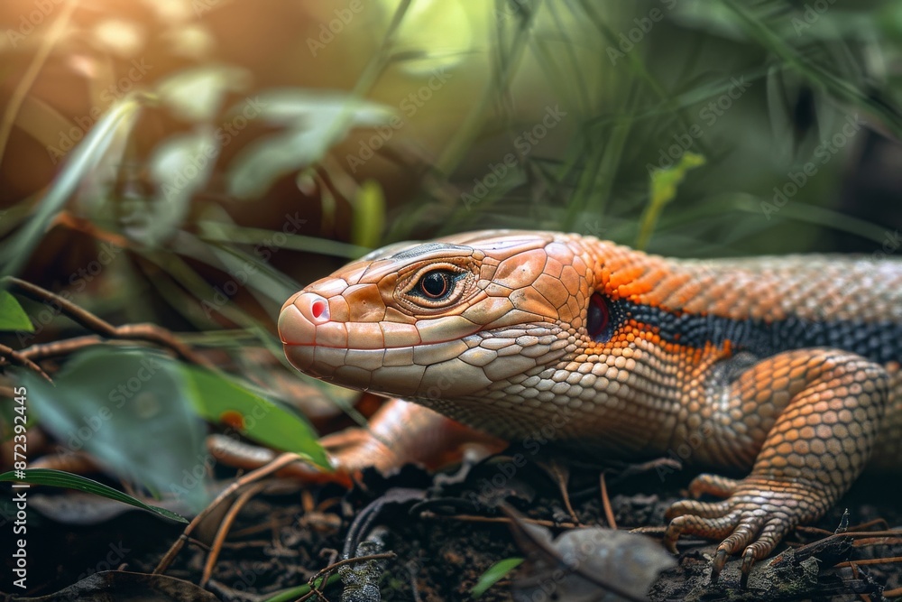 Naklejka premium Full body view of Blue-tongued Skink in natural habitat, full body shot, full body View