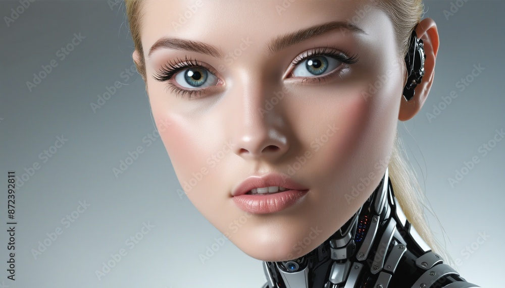 Close-up of front face of female android Close-up of front face of female android