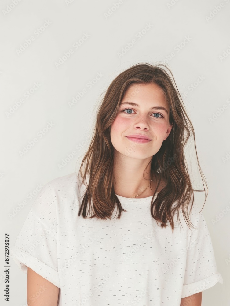 Mock up T-shirt. Portrait of a young girl with long hair on a white background. Mock up T-shirt. Portrait of a young girl with long hair on a white background.