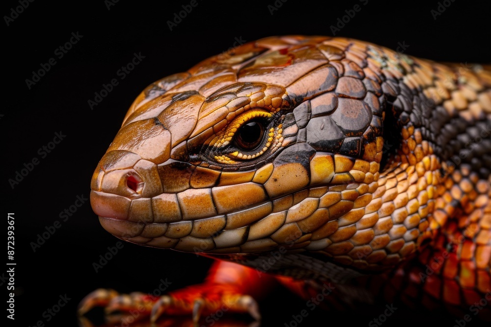 Mystic portrait of Blue-tongued Skink, full body view, isolated on black background Mystic portrait of Blue-tongued Skink, full body view, isolated on black background