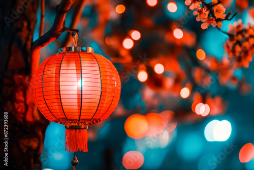 Chinese red lantern in the night of Chinese New Year of happiness