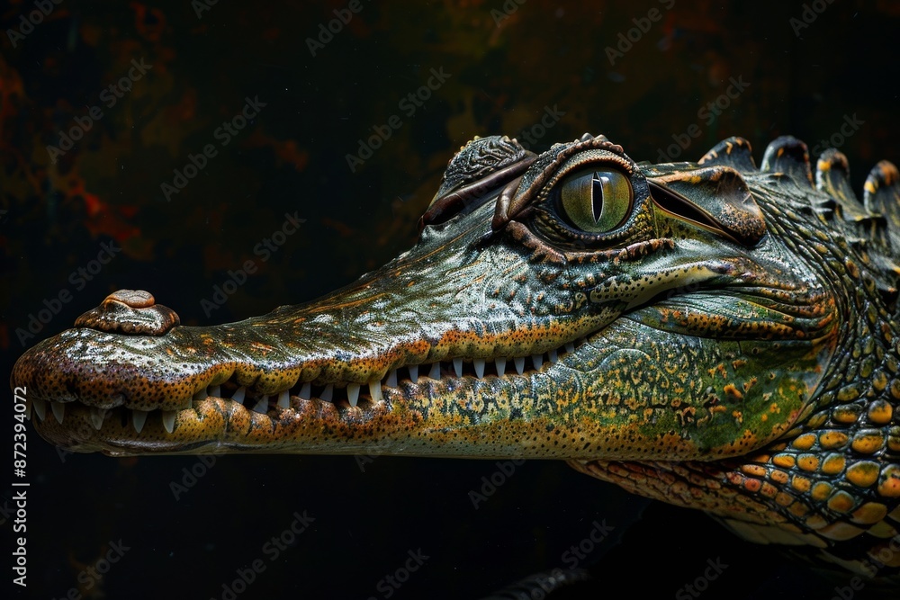 Fototapeta premium Mystic portrait of Gharial, full body view, isolated on black background