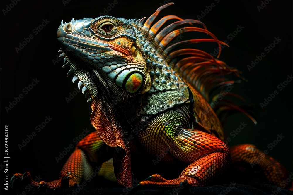 Obraz premium Mystic portrait of Green Iguana, full body view, isolated on black background