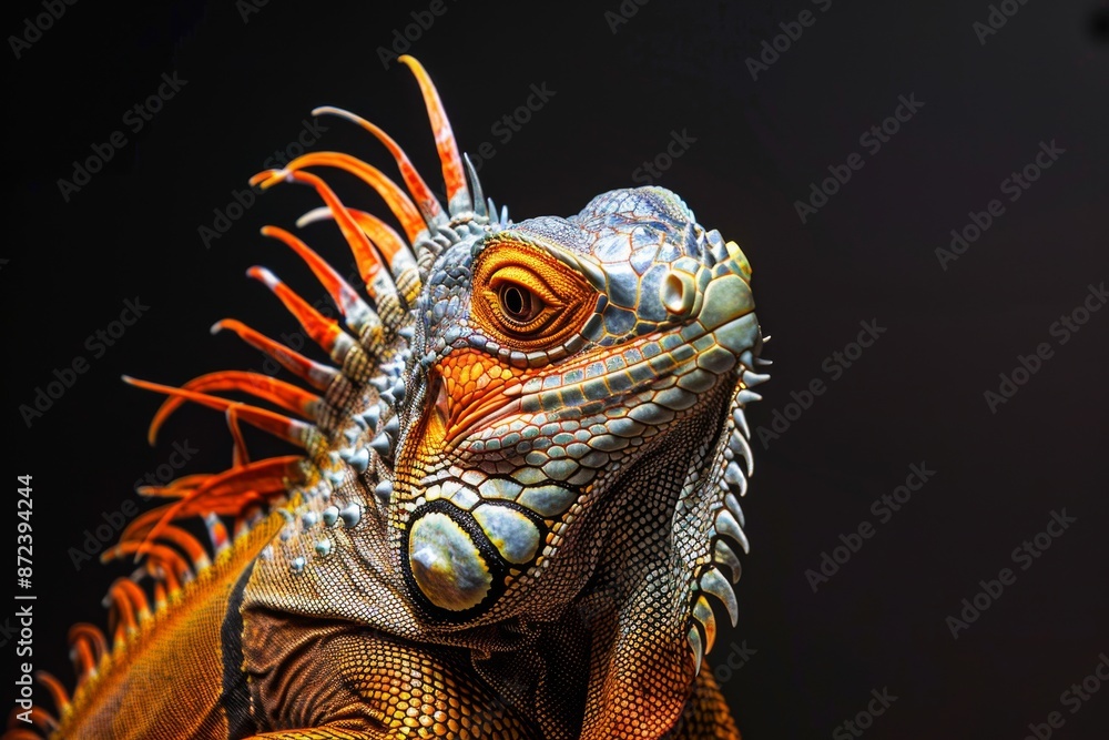 Fototapeta premium Mystic portrait of Green Iguana, full body view, isolated on black background