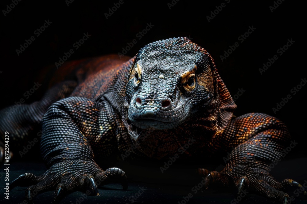 Obraz premium Mystic portrait of Komodo Dragon, full body view, isolated on black background