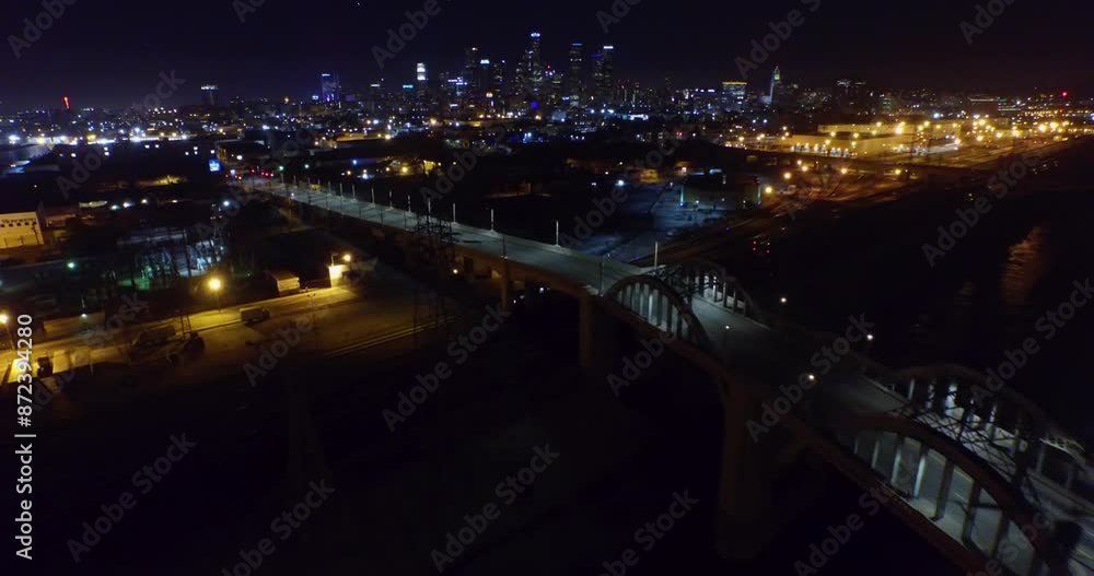 Aerial Forward Shot Of Viaduct Bridge By Modern Financial District Against Clear Sky - Los Angeles, California Aerial Forward Shot Of Viaduct Bridge By Modern Financial District Against Clear Sky - Los Angeles, California