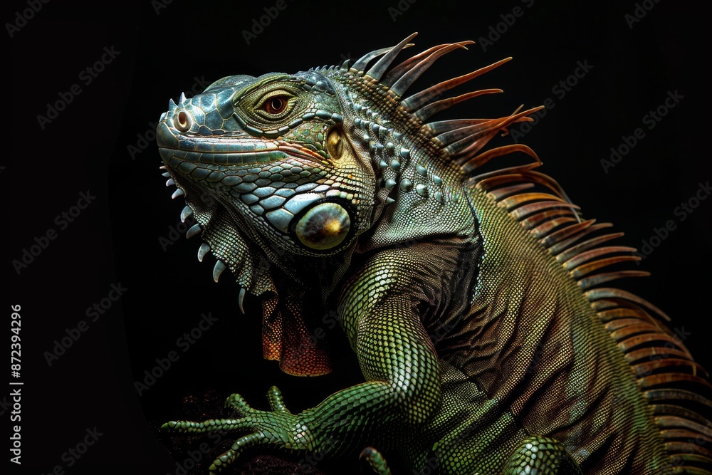 Fototapeta premium Mystic portrait of Green Iguana, full body view, isolated on black background