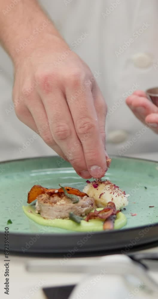 Meal, hands and sprinkle on food in restaurant, culinary school or fine dining for seasoning. Male chef, dinner and decorate on plate for person, catering service and hospitality for event in venue Meal, hands and sprinkle on food in restaurant, culinary school or fine dining for seasoning. Male chef, dinner and decorate on plate for person, catering service and hospitality for event in venue
