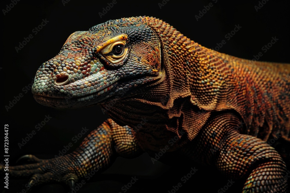 Mystic portrait of Komodo Dragon, full body view, isolated on black background Mystic portrait of Komodo Dragon, full body view, isolated on black background
