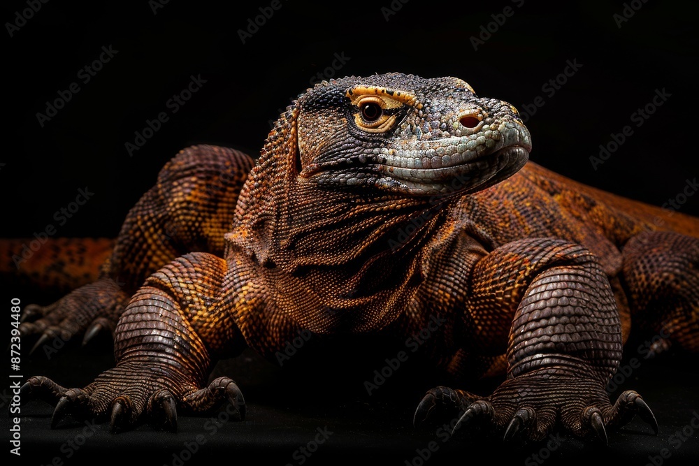 Obraz premium Mystic portrait of Komodo Dragon, full body view, isolated on black background