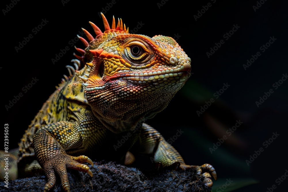 Fototapeta premium Mystic portrait of Tuatara, full body view, full body shot, isolated on black background