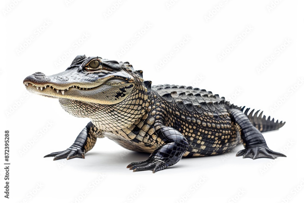 Naklejka premium the beside view American Alligator, left side view, white copy space on right, dutch angle view, isolated on white background