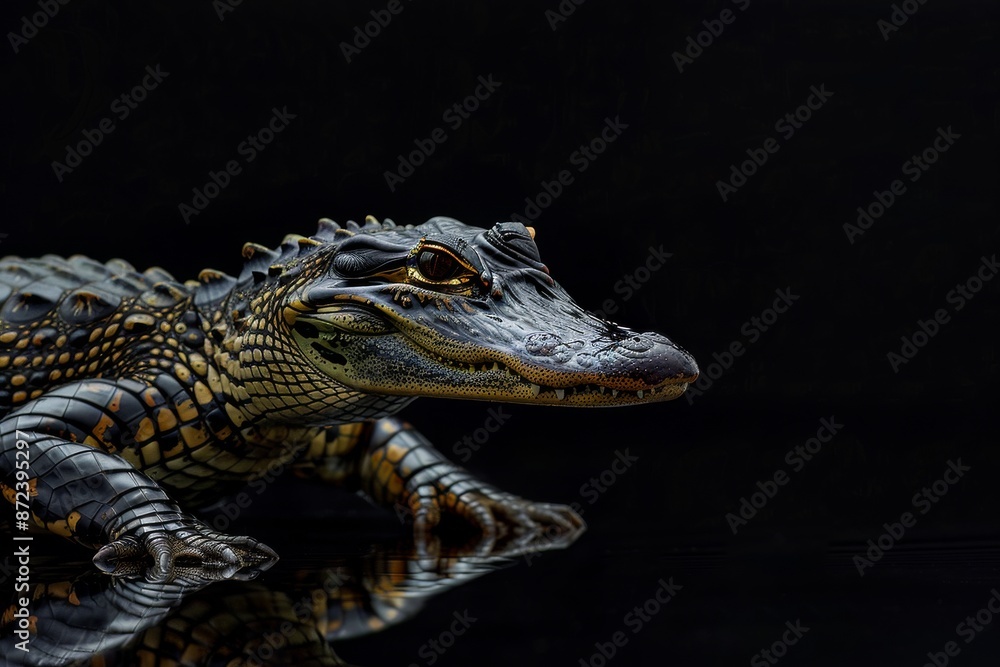 Naklejka premium the beside view American Alligator, left side view, white copy space on right, isolated on black background