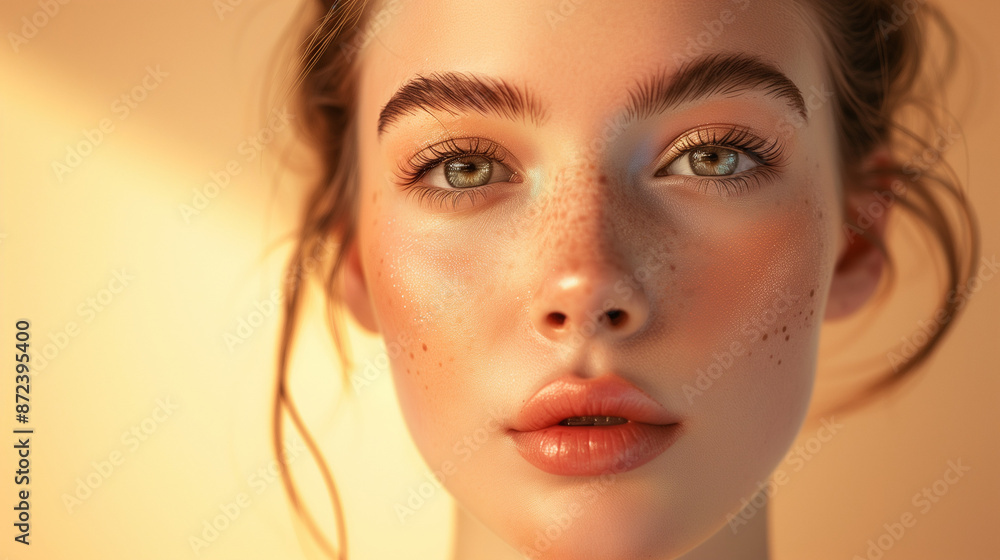 Close-up portrait of a freckled woman with glowing skin Close-up portrait of a freckled woman with glowing skin