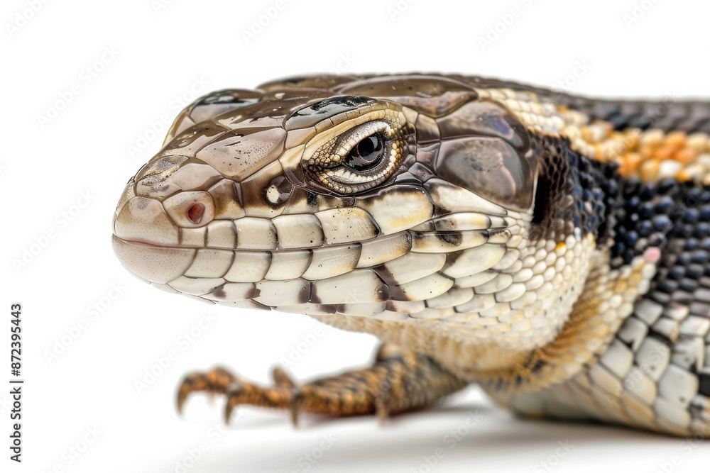 the beside view Blue-tongued Skink, left side view, white copy space on right, dutch angle view, isolated on white background the beside view Blue-tongued Skink, left side view, white copy space on right, dutch angle view, isolated on white background