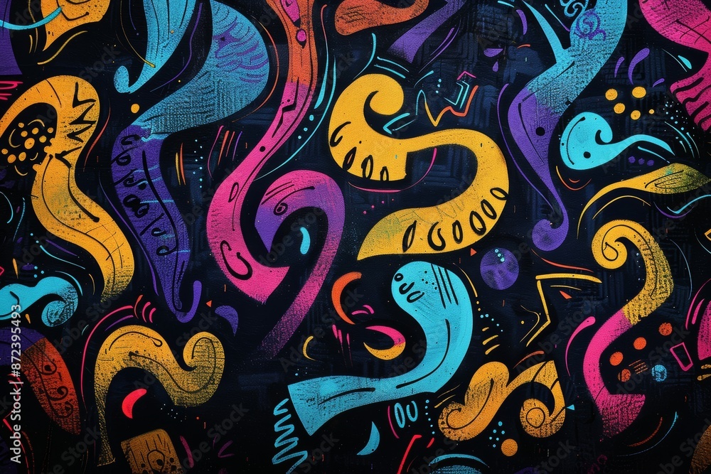 Vibrant abstract art with swirling shapes and patterns in bright colors on a dark background. Psychedelic design with fluid forms. Vibrant abstract art with swirling shapes and patterns in bright colors on a dark background. Psychedelic design with fluid forms.