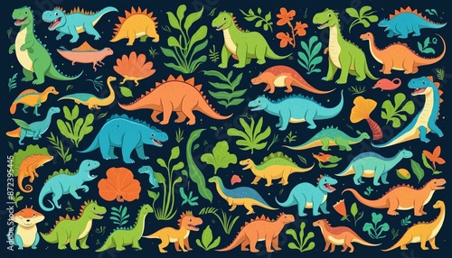 Big set of colorful dinosaur doodle illustration 