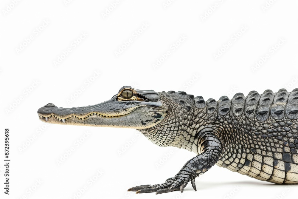 Fototapeta premium the beside view Gharial, left side view, white copy space on right, dutch angle view, isolated on white background