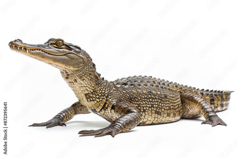 Fototapeta premium the beside view Gharial, left side view, white copy space on right, dutch angle view, isolated on white background