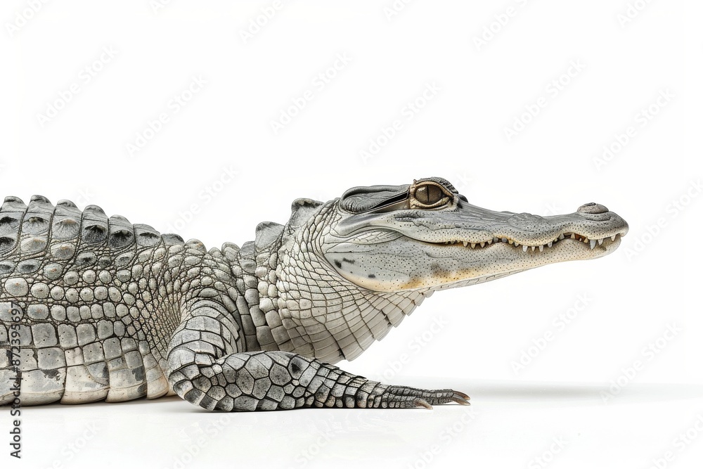 Obraz premium widok z boku Gharial, widok z lewej strony, biała przestrzeń kopii po prawej stronie, widok z holenderskiego kąta, izolowany na białym tle