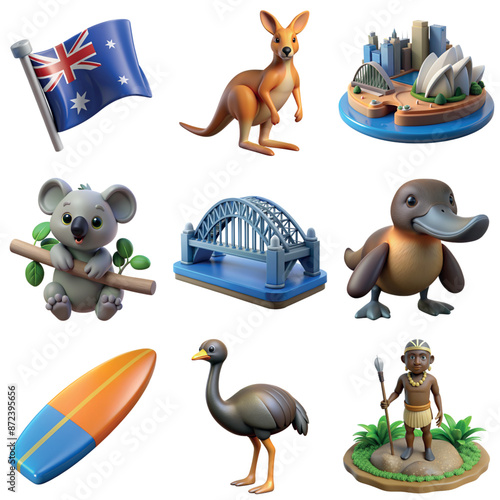 Collection of traditional Australian symbols including Sydney Opera House, typical Australian animals