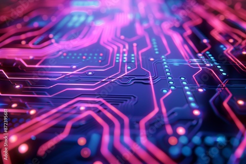 Vibrant circuit board with glowing pink and blue traces, depicting futuristic technology and digital connectivity.